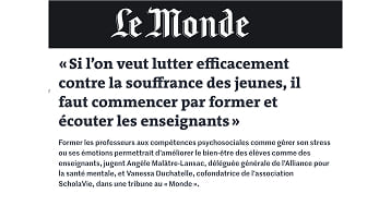 Santé mentale des enseignants et des élèves : si l’on veut lutter efficacement contre la souffrance des jeunes, il faut commencer par former et écouter les enseignants – Notre tribune dans Le Monde